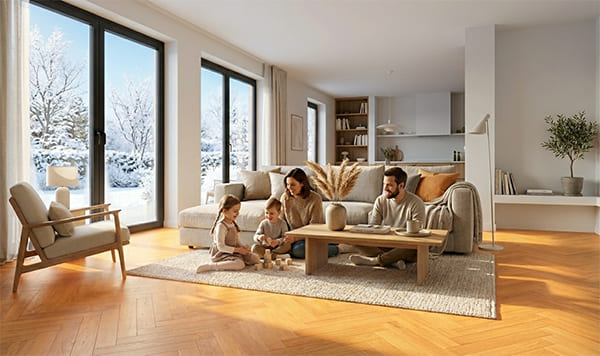 Soggiorno moderno con parquet in legno e riscaldamento elettrico radiante invisibile che garantisce comfort uniforme e gestione intelligente della temperatura.